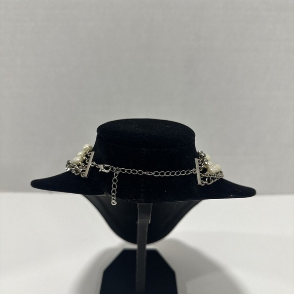 Multi Strand Faux Pearl Gold Chain Faux Diamond Necklace - Picture 2 of 2